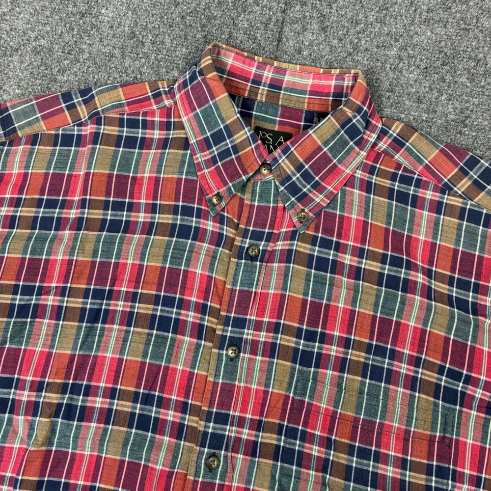 Jos. A. Bank Mens Large Short Sleeve Plaid Button Down Shirt Red Navy Cotton